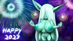  big_breasts black_clothing breasts clothing female fireworks furball_(artist) garter_belt garter_straps genitals goblin green_body green_hair green_skin hair hair_over_eyes hi_res hidden_face holding_object holidays humanoid humanoid_pointy_ears long_ears long_hair meeya_(furball) navel new_year new_year_2023 nipples pussy short_stack solo sparkler standing 