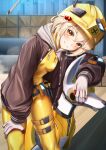  1girl absurdres belt blonde_hair blush bodysuit breasts brown_jacket commentary construction_site feet_out_of_frame gloves goddess_of_victory:_nikke grin hair_between_eyes hair_bobbles hair_ornament hand_on_own_knee hardhat helmet highres hood hooded_jacket jacket leaning_forward liter_(nikke) looking_at_viewer manjo_(warito) non-humanoid_robot open_clothes open_jacket orange_eyes robot robot_animal robot_dog short_hair skin_tight small_breasts smile solo standing thigh_strap utility_belt walkie-talkie white_gloves yellow_bodysuit 