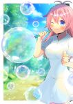  1girl antenna_hair blue_eyes blue_sky blurry blurry_background bottle breasts bubble_blowing bubble_pipe cloud collared_dress commentary_request commission day depth_of_field dress holding holding_bottle kou_hiyoyo long_hair medium_breasts original pink_hair pleated_dress puffy_short_sleeves puffy_sleeves short_sleeves skeb_commission sky solo tree white_dress 