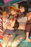  2girls bangs bare_shoulders baseball_cap belt black_hair blue_eyes blue_shorts bracelet breasts commentary_request crop_top cup drinking_straw glasses hair_ornament hairclip hat highres holding holding_cup holding_ice_cream holding_phone ice_cream_cone jewelry low_twintails medium_breasts medium_hair midriff monkey_d._luffy multiple_girls nami_(one_piece) navel necklace nico_robin oekakiboya one_piece orange_eyes orange_hair pants phone poster_(object) semi-rimless_eyewear shirt shorts sidelocks sitting sleeveless sleeveless_shirt tongue tongue_out torn_clothes torn_pants twintails under-rim_eyewear wanted 