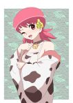  1girl animal_print bangs bell blush commentary_request cow_print cowbell cowboy_shot ear_tag halterneck highres japanese_clothes kimono long_sleeves looking_at_viewer low_twintails makoto_daikichi medium_hair neck_bell off_shoulder one-piece_swimsuit one_eye_closed partial_commentary pink_eyes pink_hair pokemon print_kimono print_swimsuit solo standing swimsuit swimsuit_under_clothes twintails white_kimono white_one-piece_swimsuit whitney_(pokemon) wide_sleeves 