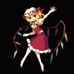  1girl 4qw5 :d ascot black_background black_eyes blonde_hair crystal flandre_scarlet full_body looking_at_viewer one_side_up open_mouth pixel_art red_footwear red_skirt short_sleeves simple_background skirt smile solo touhou white_headwear wings yellow_ascot 