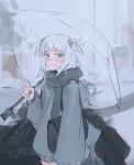  1girl :3 absurdres alternate_costume bag blue_eyes blurry blurry_background blush chunkyeggy cowboy_shot gawr_gura grey_hair grey_jacket grey_scarf hair_ornament highres holding holding_umbrella hololive hololive_english jacket light_smile long_hair looking_at_viewer no_pants outdoors road scarf shark_hair_ornament shoulder_bag snow solo street transparent transparent_umbrella umbrella virtual_youtuber white_hair winter 
