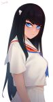  1girl alternate_costume artist_name bangs black_hair blue_eyes blue_neckerchief breasts closed_mouth cowboy_shot darahan english_commentary from_side hair_ornament hairclip junketsu kill_la_kill kiryuuin_satsuki large_breasts long_hair looking_at_viewer neckerchief pleated_skirt sailor_collar senketsu shiny shiny_hair shirt short_sleeves simple_background skirt solo white_sailor_collar white_shirt white_skirt 