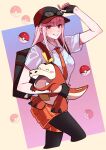  backpack bag bangs baseball_cap blunt_bangs cosplay fingerless_gloves fuecoco gloves hat highres hololive hololive_english juliana_(pokemon) juliana_(pokemon)_(cosplay) long_hair miyamoto_(dominocube6) mori_calliope naranja_academy_school_uniform necktie orange_necktie orange_shorts pink_hair pokemon pokemon_(creature) pokemon_(game) pokemon_sv red_eyes school_uniform shorts starter_pokemon_trio straight_hair striped striped_shorts vertical-striped_shorts vertical_stripes virtual_youtuber 