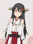  1girl annin_musou arms_behind_back black_hair commentary_request cowboy_shot detached_sleeves flower hair_flower hair_ornament hairband hairclip hakama haruna_(kancolle) headgear highres japanese_clothes kantai_collection long_hair looking_at_viewer red_hakama red_skirt ribbon-trimmed_sleeves ribbon_trim skirt solo 