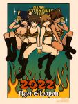  2022 4girls ;) ;d animal_ears animal_print background_text bangs bikini black_footwear black_hair blue_eyes bob_cut boots breasts brown_eyes brown_hair chinese_zodiac claw_pose cleavage closed_eyes commentary dark-skinned_female dark_skin dated english_text fang fire flame floating freckles fur-trimmed_gloves fur_trim girls_und_panzer gloves green_eyes halterneck highres holding_hands hoshino_(girls_und_panzer) knees_up leoponchiaki looking_at_viewer medium_breasts multiple_girls nakajima_(girls_und_panzer) navel new_year one_eye_closed orange_bikini outside_border print_bikini short_hair side-by-side side-tie_bikini_bottom sitting skin_fang smile sparkle suzuki_(girls_und_panzer) swimsuit tiger_ears tiger_print tsuchiya_(girls_und_panzer) twitter_username year_of_the_tiger yellow_gloves 