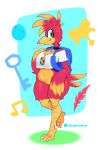  anthro avian backpack banjo-kazooie beak bird bottomless breasts breegull choker clothed clothing female green_eyes hi_res jewelry kazooie looking_at_viewer multicolored_body necklace non-mammal_breasts rareware shirt solo somescrub thick_thighs topwear two_tone_body wide_hips 