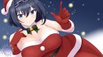  1girl absurdres bangs belt black_hair blue_eyes blue_hair bow breasts chain_headband christmas hat highres holocouncil hololive hololive_english large_breasts looking_at_viewer merriegold_d ouro_kronii santa_costume santa_hat self_upload snow virtual_youtuber 