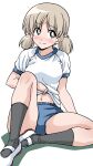  1girl aki_(girls_und_panzer) bangs black_socks blue_buruma blush bright_pupils buruma butterfly_sitting closed_mouth clothes_lift commentary_request frown full_body girls_und_panzer green_eyes gym_shirt gym_uniform hair_tie highres knee_up lifted_by_self light_brown_hair looking_at_viewer low_twintails navel ponzu_rui shadow shirt shirt_lift shoes short_hair short_sleeves short_twintails simple_background sitting socks solo t-shirt twintails uwabaki white_background white_footwear white_pupils white_shirt 