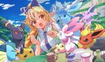  1girl bangs blonde_hair blue_necktie blush bow collared_shirt day espeon flareon food glaceon hair_bow highres holding holding_food hololive itaboon jolteon leafeon long_hair looking_at_animal multicolored_hair necktie open_mouth outdoors pokemon pokemon_(creature) ponytail red_eyes sandwiched shiranui_flare shirt short_sleeves streaked_hair sylveon umbreon vaporeon virtual_youtuber white_hair white_shirt 