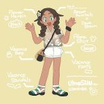  1girl :d bag braid brown_hair collared_shirt commentary_request dark-skinned_female dark_skin elizabeth_(tomas21) english_text flower full_body green_eyes green_footwear hair_flower hair_ornament hands_up knees long_hair open_mouth pokemon pokemon_(game) pokemon_usum selene_(pokemon) shirt shoes short_sleeves shorts shoulder_bag smile solo standing twin_braids white_shorts yellow_background 