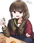  1girl bangs black_hair blunt_bangs braid brown_eyes commentary_request food fruit green_serafuku hair_ribbon hanten_(clothes) highres holding kantai_collection kitakami_(kancolle) kotatsu long_hair looking_at_viewer mandarin_orange matsunaga_(haku) open_mouth orange_peel ribbon school_uniform serafuku sidelocks simple_background single_braid smile solo table tress_ribbon twitter_username upper_body white_background 