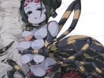  1boy 1girl arachne arthropod_girl breast_hold breasts censored colored_nipples colored_skin extra_arms extra_breasts extra_eyes frfr hetero highres interspecies medium_breasts monster_girl mosaic_censoring navel nipples original paizuri parted_lips penis purple_nipples purple_skin red_pupils restrained silk simple_background spider_girl spider_web taur white_background wrapped_up 