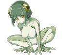 1girl :&gt; blush breasts closed_mouth colored_skin completely_nude frfr frog_girl full_body green_hair highres horizontal_pupils monster_girl multicolored_skin nude original short_hair simple_background solo webbed_hands white_background yellow_eyes 