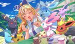  1girl :d bangs blonde_hair blue_necktie blush bow closed_eyes collared_shirt day espeon flareon food glaceon hair_bow highres holding holding_food hololive itaboon jolteon leafeon long_hair multicolored_hair necktie outdoors pokemon pokemon_(creature) ponytail sandwiched shiranui_flare shirt short_sleeves smile streaked_hair sylveon umbreon vaporeon virtual_youtuber white_hair white_shirt 