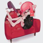  1girl bandage_on_face bandages bangs black_shirt black_shorts couch fangs hat hat_removed head_tilt headwear_removed highres holding holding_clothes holding_hat inkling inkling_girl long_sleeves looking_at_viewer mikoshiba_m pink_eyes pink_hair pointy_ears purple_headwear shirt short_shorts shorts simple_background sitting splatoon_(series) tentacle_hair white_background 