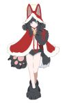  1girl alternate_costume animal_costume animal_ears animal_hands bell black_hair blue_archive blush cat_paws christmas concept_art cowbell dog_ears dog_tail fake_animal_ears full_body fur_trim gloves hibiki_(blue_archive) leash long_hair looking_at_viewer medium_hair mimitoke neck_bell paw_gloves paw_shoes purple_eyes shoes shorts simple_background solo standing tail white_background 