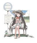  1girl absurdres bag barefoot bench brown_hair bus_stop closed_eyes cloud commentary copyright_request dress eating food fruit happy hat highres long_hair omochi_chowder open_mouth road_sign sign sitting solo straw_hat sundress watermelon watermelon_slice 