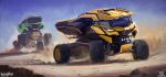  english_commentary ground_vehicle headlight highres mike_hill motion_blur motor_vehicle no_humans original sand science_fiction sky truck vehicle_focus 