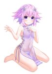  1girl bare_arms bare_legs barefoot binato_lulu breasts china_dress chinese_clothes commission dress full_body hair_between_eyes hair_ornament looking_at_viewer navel neptune_(neptune_series) neptune_(series) purple_eyes purple_hair second-party_source see-through see-through_dress short_hair simple_background sitting small_breasts solo wariza white_background 