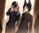  2boys absurdres alternate_costume animal_ear_fluff animal_ears black_hair black_headwear black_necktie black_pants black_shirt black_vest cyno_(genshin_impact) dark-skinned_male dark_skin fox_boy fox_ears genshin_impact green_eyes green_hair green_shirt grey_hair hair_over_one_eye hat highres long_hair long_sleeves male_focus multicolored_hair multiple_boys necktie pants red_eyes shin_(mac_no) shirt tighnari_(genshin_impact) vest 