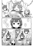  4girls birthday_cake cake commentary_request dress expressionless food greyscale harukaze_unipo hat highres kaiboukan_no._30_(kancolle) kaiboukan_no._4_(kancolle) kantai_collection long_hair matsu_(kancolle) monochrome multiple_girls party_hat party_popper sailor_dress scamp_(kancolle) school_uniform serafuku short_hair translation_request upper_body 