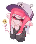  1girl bandage_on_face bandages bangs black_shirt closed_mouth fangs hand_up hat highres inkling inkling_girl long_sleeves looking_at_viewer mikoshiba_m own_hands_together pink_eyes pink_hair pointy_ears purple_headwear shirt simple_background splatoon_(series) tentacle_hair upper_body white_background 