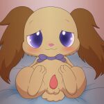  1:1 animal_genitalia anthro balls bed blush bow_tie brown_body brown_fur chibi cotton_tail domestic_rabbit erection floppy_ears fur furniture genitals gradient_eyes hi_res improbable_(artist) io_(jewelpet) jewelpet lagomorph leporid long_ears looking_at_viewer lop_ears lop_rabbit male mammal oryctolagus penis presenting presenting_balls presenting_penis purple_eyes rabbit sanrio semi-anthro simple_background smile solo spread_legs spreading 