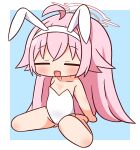  1girl :d ahoge animal_ears bangs bare_arms bare_legs bare_shoulders barefoot blue_archive blue_background blush breasts chibi closed_eyes collarbone facing_viewer fake_animal_ears full_body hair_between_eyes hairband halo hana_kazari highres hoshino_(blue_archive) leotard long_hair pink_hair playboy_bunny rabbit_ears sitting small_breasts smile solo strapless strapless_leotard two-tone_background very_long_hair wariza white_background white_hairband white_leotard 