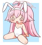  1girl :d @_@ ahoge animal_ears bangs bare_arms bare_legs bare_shoulders barefoot blue_archive blue_background blush breasts chibi collarbone facing_viewer fake_animal_ears full_body hair_between_eyes hairband halo hana_kazari highres hoshino_(blue_archive) leotard long_hair pink_hair playboy_bunny rabbit_ears sitting small_breasts smile solo strapless strapless_leotard two-tone_background very_long_hair wariza white_background white_hairband white_leotard 