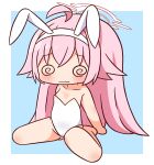  1girl @_@ ahoge animal_ears bangs bare_arms bare_legs bare_shoulders barefoot blue_archive blue_background blush breasts chibi closed_mouth collarbone facing_viewer fake_animal_ears full_body hair_between_eyes hairband halo hana_kazari highres hoshino_(blue_archive) leotard long_hair pink_hair playboy_bunny rabbit_ears sitting small_breasts solo strapless strapless_leotard two-tone_background very_long_hair wariza wavy_mouth white_background white_hairband white_leotard 