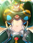  1girl armor blonde_hair boobplate breasts center_opening closed_mouth clothing_cutout commentary_request covered_eyes cowboy_shot digimon digimon_(creature) dress gerusyu green_armor helmet highres large_breasts long_hair navel navel_cutout ophanimon shoulder_armor smile solo standing sweat white_dress 