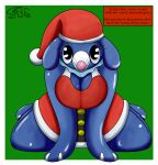  all_fours anthro big_breasts blue_body breasts christmas christmas_clothing christmas_headwear clothing cute_eyes female fizzy_pop_the_popplio floppy_ears generation_7_pokemon hat headgear headwear hi_res holidays looking_at_viewer looking_back looking_up nintendo pokemon pokemon_(species) pokemorph popplio santa_hat sexybigears69 smile solo text thick_thighs 
