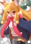  1girl :3 animal_ear_fluff animal_ears animal_nose arm_up bangs bell black_thighhighs blonde_hair blue_coat blurry blurry_background blush body_fur breath brown_fur brown_skirt clenched_hand coat commentary cowboy_shot day depth_of_field dutch_angle fangs fox_ears fox_girl fox_tail furry furry_female hair_bell hair_ornament happy highres horokusa_(korai) jingle_bell light_rays long_hair long_sleeves looking_at_viewer miniskirt multicolored_fur multicolored_hair multiple_tails nose_blush open_clothes open_coat open_mouth original outdoors outstretched_arm pleated_skirt pocket red_eyes red_scarf scarf selfie sidelocks skindentation skirt smile snowing solo standing sunlight sweater tail thighhighs two-tone_hair two_tails walking white_fur white_hair white_sweater winter_clothes yellow_fur zettai_ryouiki 