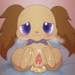  after_orgasm animal_genitalia anthro balls bed blush bodily_fluids bow_tie brown_body brown_fur chibi cotton_tail cum cum_on_body cum_on_feet cum_on_self cum_on_tail domestic_rabbit erection feet floppy_ears fur furniture genital_fluids genitals gradient_eyes hi_res improbable_(artist) io_(jewelpet) jewelpet lagomorph leporid long_ears looking_at_viewer lop_ears lop_rabbit male mammal oryctolagus penis presenting presenting_balls presenting_penis purple_eyes rabbit sanrio semi-anthro simple_background smile solo spread_legs spreading steam sweat sweaty_feet tail 