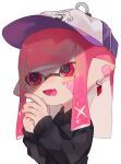  1girl bandage_on_face bandages bangs black_shirt earrings fangs hand_up hat highres inkling inkling_girl jewelry long_sleeves looking_to_the_side looking_up mikoshiba_m own_hands_together pink_eyes pink_hair pointy_ears purple_headwear shirt simple_background smile splatoon_(series) tears tentacle_hair upper_body white_background 
