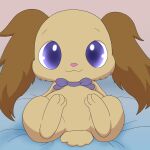 1:1 ambiguous_gender anthro bed bow_tie brown_body brown_fur chibi cotton_tail domestic_rabbit featureless_crotch floppy_ears fur furniture gradient_eyes hi_res improbable_(artist) io_(jewelpet) jewelpet lagomorph leporid looking_at_viewer lop_ears lop_rabbit male_(lore) mammal oryctolagus purple_eyes rabbit sanrio semi-anthro simple_background smile solo spread_legs spreading 