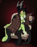 2020 anthro armchair artist_logo black_body black_fur black_sclera chair closed_smile cuddling dated dragon duo ear_piercing eyes_closed famir_(character) fur furniture furred_dragon gauged_ear green_body green_fur green_hair grey_horn hair hi_res holding_mug holding_object horn logo male male/male mouth_closed mug narrowed_eyes nude pawpads piercing red_eyes red_pawpads riorix simple_background sitting white_hair yellow_horn 