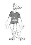  4_toes anthro avian back_toe beak big_penis biped bird bottomless claws clothed clothing dialogue feathers feet foreskin genitals hi_res male penis serex shirt shirt_only solo talons toes topwear topwear_only vein veiny_penis 