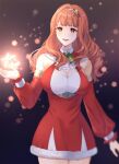  1girl :d bare_shoulders black_background blurry breasts celica_(fire_emblem) cleavage cowboy_shot depth_of_field detached_collar detached_sleeves dress fire_emblem fire_emblem_echoes:_shadows_of_valentia fur-trimmed_dress fur_trim gradient gradient_background highres large_breasts light_particles long_sleeves orange_eyes orange_hair red_dress short_dress smile solo star_(symbol) tiara tomo_shirasu 