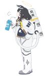  1girl animal_ears astronaut black_hair blue_archive bottle breath concept_art cup dog_ears dog_girl dog_tail drinking_straw from_side halo hand_in_pocket heavy_breathing hibiki_(blue_archive) holding holding_bottle long_hair long_sleeves mimitoke simple_background solo space_helmet spacesuit steam sweat tail water_bottle white_background yellow_halo 