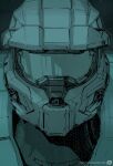  1boy aqua_theme assault_visor english_commentary halo_(series) highres male_focus master_chief mike_hill monochrome portrait power_armor science_fiction solo spartan_(halo) straight-on 