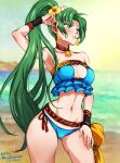  artist_name beach bikini blue_bikini blush breasts cleavage collar commentary dated earrings english_commentary fire_emblem fire_emblem:_the_blazing_blade fire_emblem_heroes flower green_eyes green_hair hair_flower hair_ornament jewelry long_hair looking_away lyn_(fire_emblem) lyn_(summer)_(fire_emblem) medium_breasts mina_cream navel official_alternate_costume outdoors ponytail stomach swimsuit very_long_hair water white_flower yellow_flower 