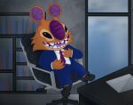  2022 4_fingers alien anthro black_clothing black_eyes black_footwear black_shoes chair clothed clothing computer digital_media_(artwork) disney experiment_(lilo_and_stitch) fingers footwear fur furniture hi_res inside laptop lilo_and_stitch male necktie office_chair open_mouth open_smile orange_body orange_fur purple_mouth purple_nose purple_tongue sample_(lilo_and_stitch) shelf shoes sitting smile solo speaker_ears suit swivel_chair tea_cabungcal tongue 