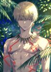  1boy abs bangs bikkusama blonde_hair blurry blurry_background earrings fate/grand_order fate_(series) gilgamesh_(fate) gold_necklace highres jewelry leaf necklace open_mouth plant red_eyes short_hair solo tattoo topless_male water_drop wet 
