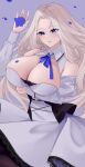  1girl absurdres azur_lane bare_shoulders blue_eyes blue_flower blue_petals blue_rose breasts check_commentary cleavage commentary_request dress flower hair_intakes highres huge_breasts long_hair long_sleeves nanako94418108 petals rose very_long_hair white_dress white_hair yorktown_(azur_lane) yorktown_ii_(azur_lane) 