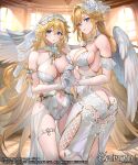  2girls ass bangs bare_shoulders blonde_hair blue_eyes blush breasts character_request cleavage commentary_request copyright_name evertale gloves hair_ornament highres holding_hands large_breasts leotard long_hair looking_at_viewer multiple_girls navel parted_lips sage_joh thigh_strap thighs white_gloves white_headwear white_leotard wings 