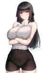  1girl absurdres bangs black_hair black_shorts blunt_bangs breasts crossed_arms highres kagi_f large_breasts looking_at_viewer original shirt shorts simple_background sleeveless sleeveless_shirt solo white_background white_shirt yellow_eyes 