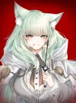  1girl :q animal_ear_fluff animal_ears arknights black_bow bow closed_mouth collared_shirt commentary_request dress_shirt green_eyes green_hair grey_jacket harmonie_(arknights) highres holding hood hood_down hooded_jacket jacket joul_0704 long_hair long_sleeves looking_at_viewer red_background shirt simple_background smile solo tongue tongue_out upper_body white_jacket white_shirt 